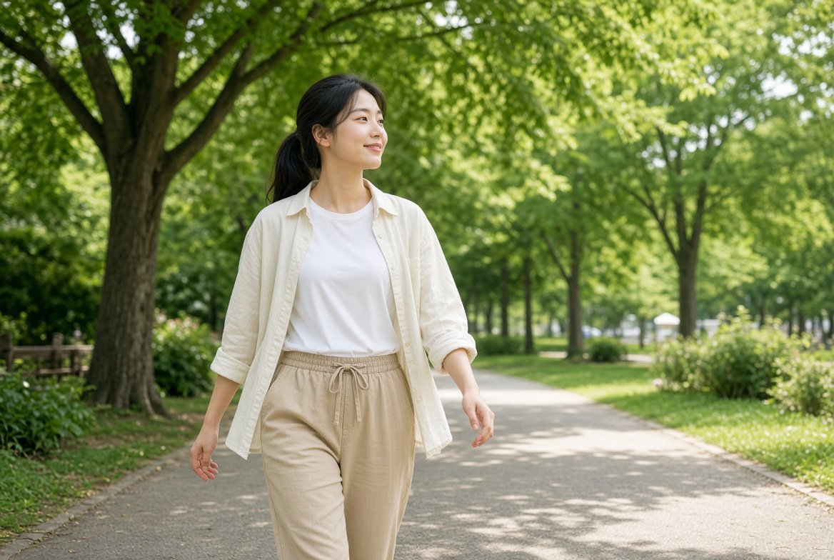 공원에서 걷는 모습