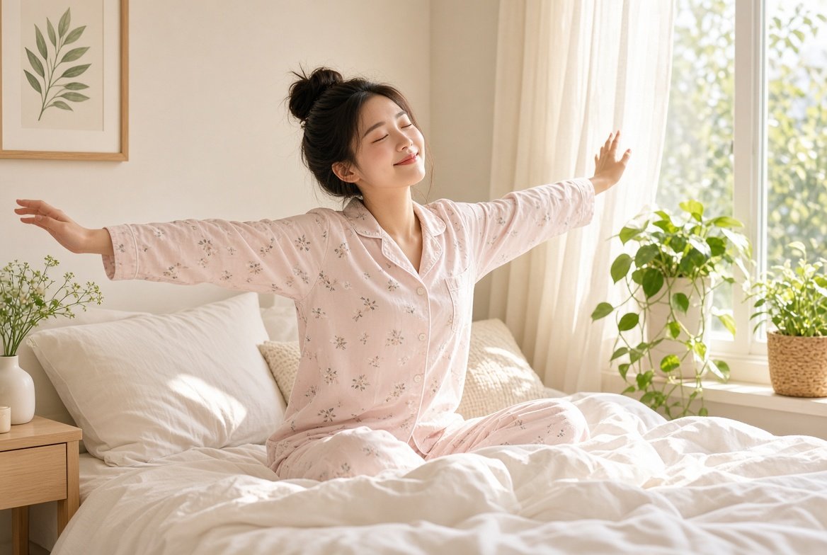 아침에 개운하게 일어나는 모습