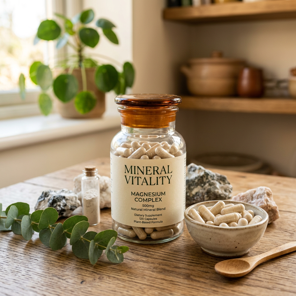 Bottle of Mineral Vitality Magnesium Complex capsules with a bowl of capsules and natural minerals