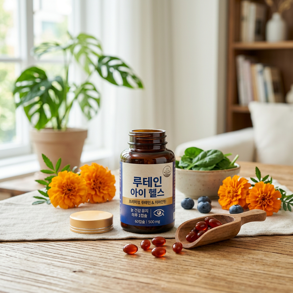 Bottle of lutein eye health supplement capsules with fresh spinach, blueberries, and orange flowers