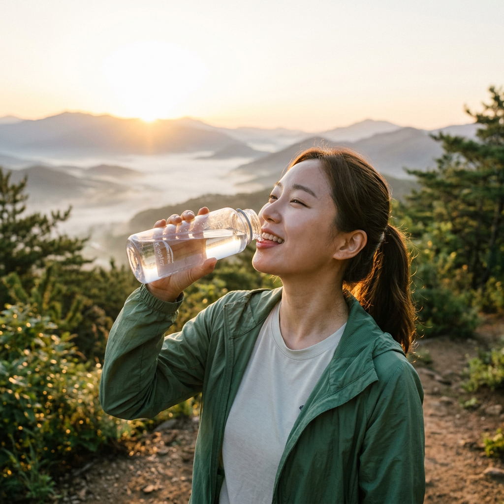 Hiker drinking from a clear water bottle overlooking mountains at sunrise