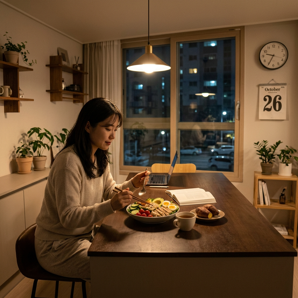 Woman eating dinner and studying at a table in a warmly lit apartment