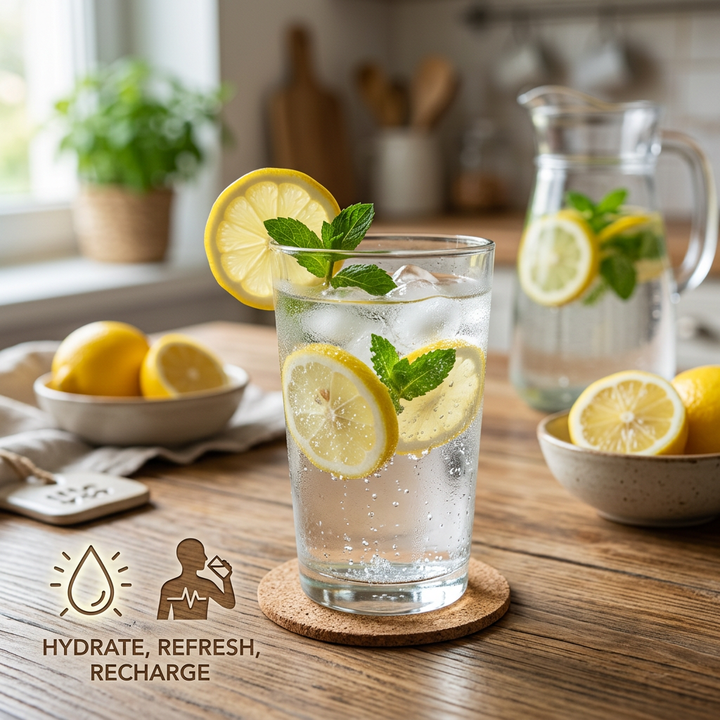 Glass of lemon-mint water with text reading “HYDRATE, REFRESH, RECHARGE”