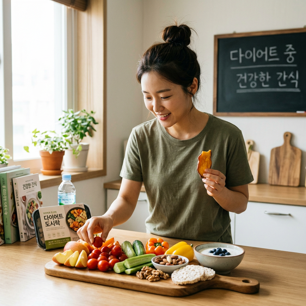 Woman holding a snack beside colorful healthy foods on a kitchen table