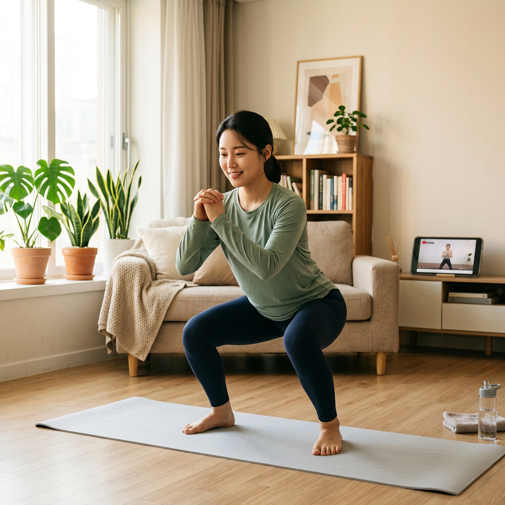 Woman performing a squat on a yoga mat in a living room
