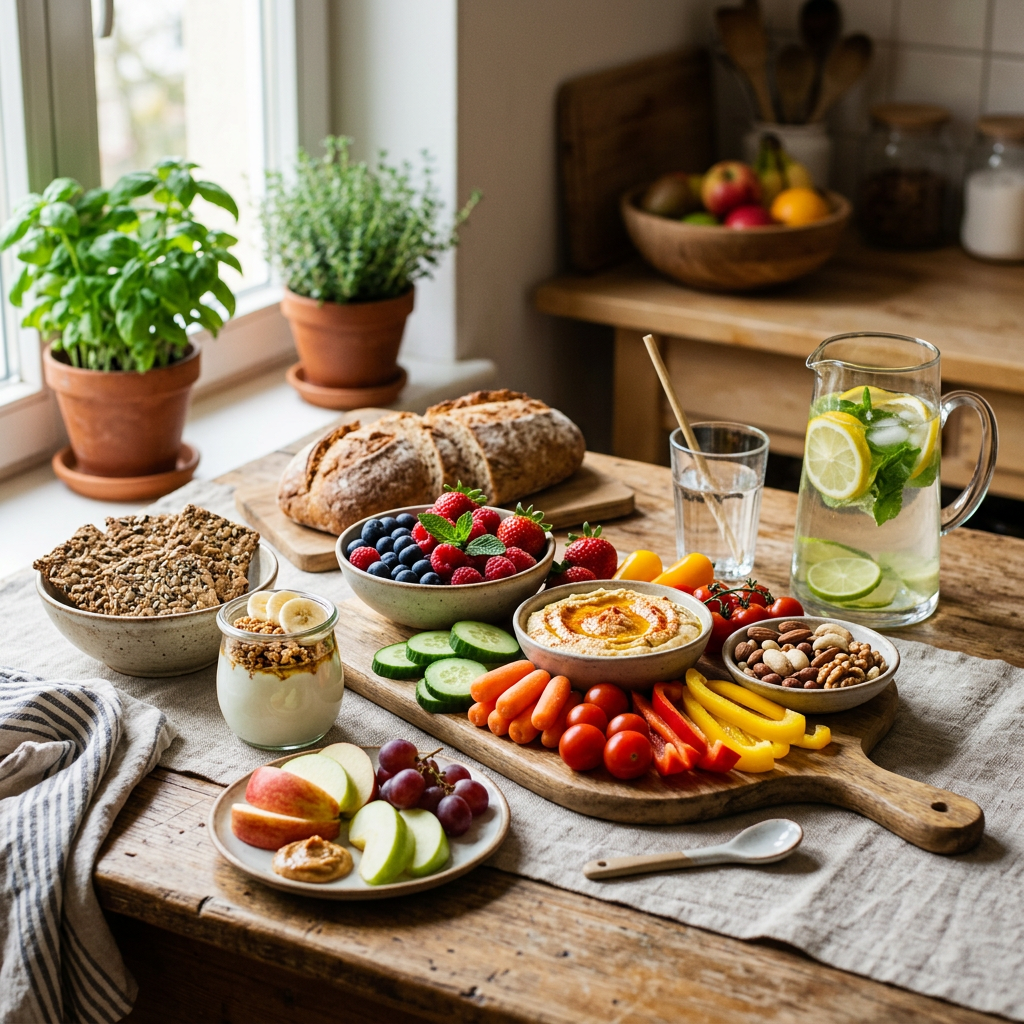 Colorful healthy snack spread with fruit, vegetables, bread, hummus, and infused water